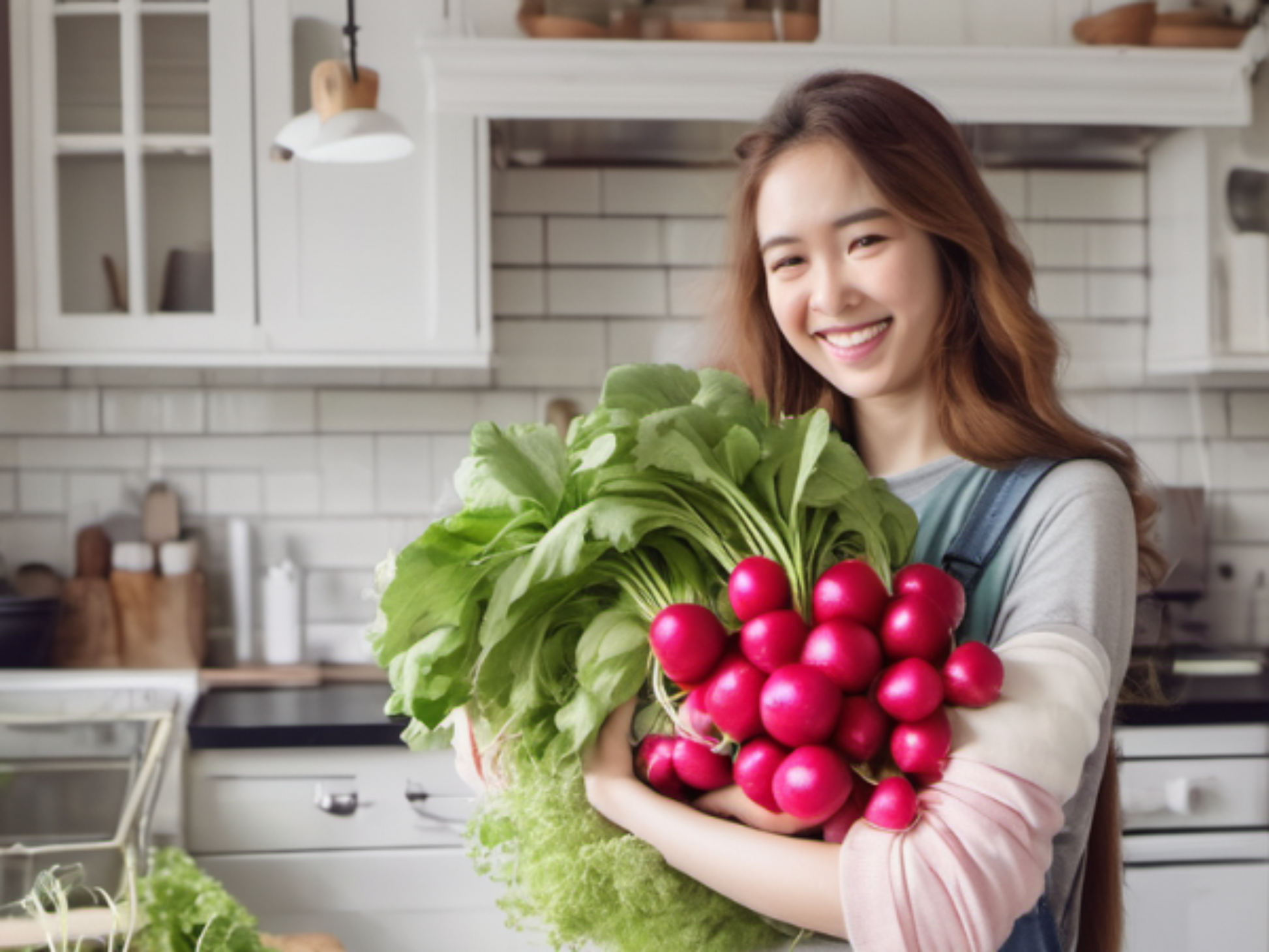 girl happily carrying champion radishes in the kitchen fille portant joyeusement des radis champions dans la cuisine