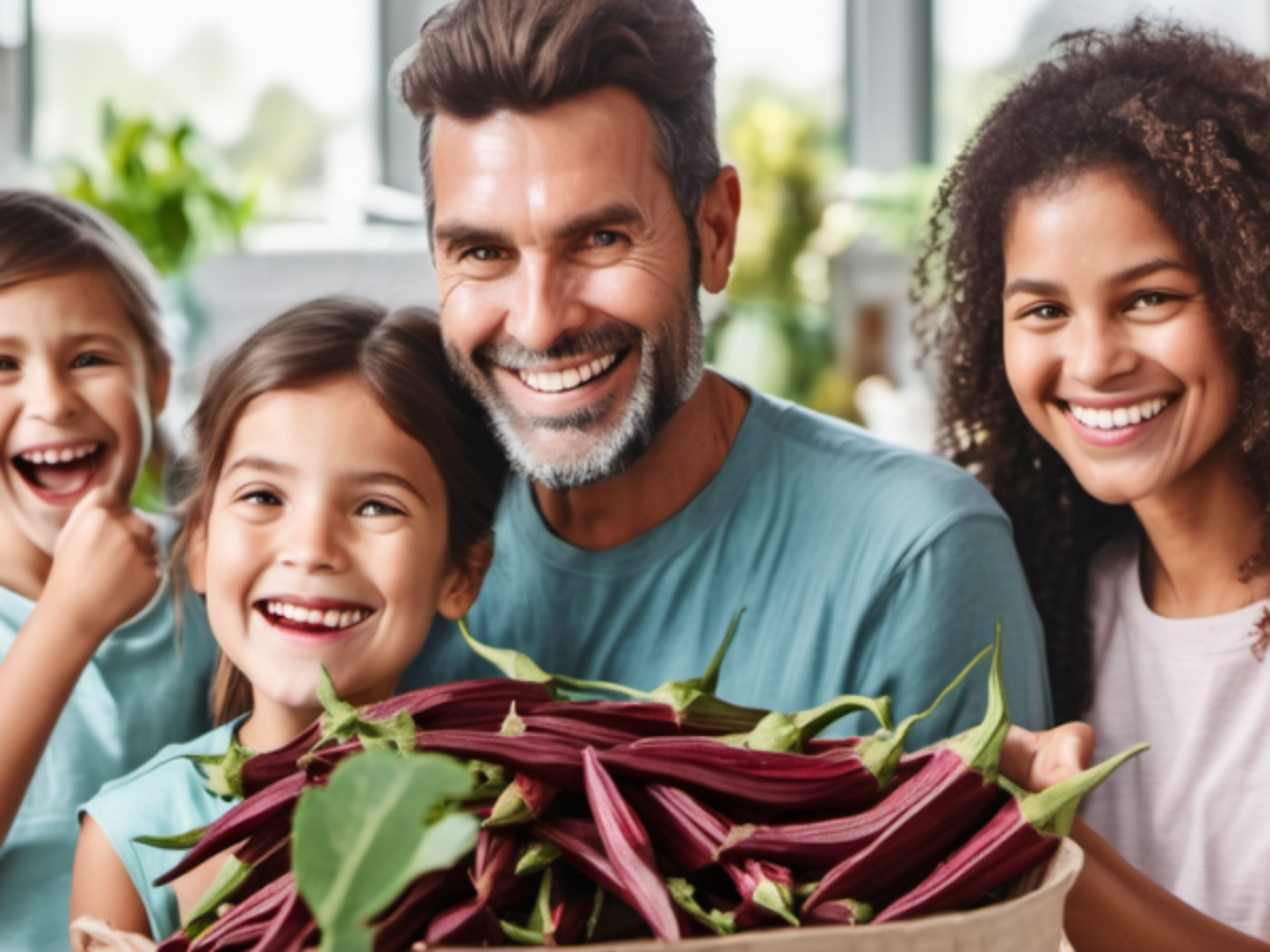 Happy family holding red burgundy okras Famille heureuse avec des okras rouges bordeaux