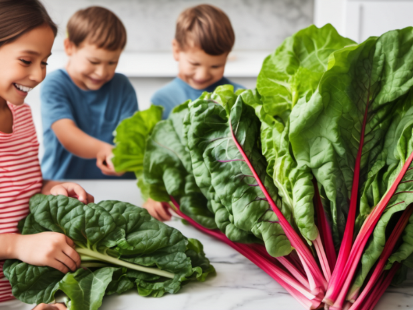 Kids enjoying Rhubarb Swiss in the kitchen Les enfants apprécient Rhubarb Swissin la cuisine
