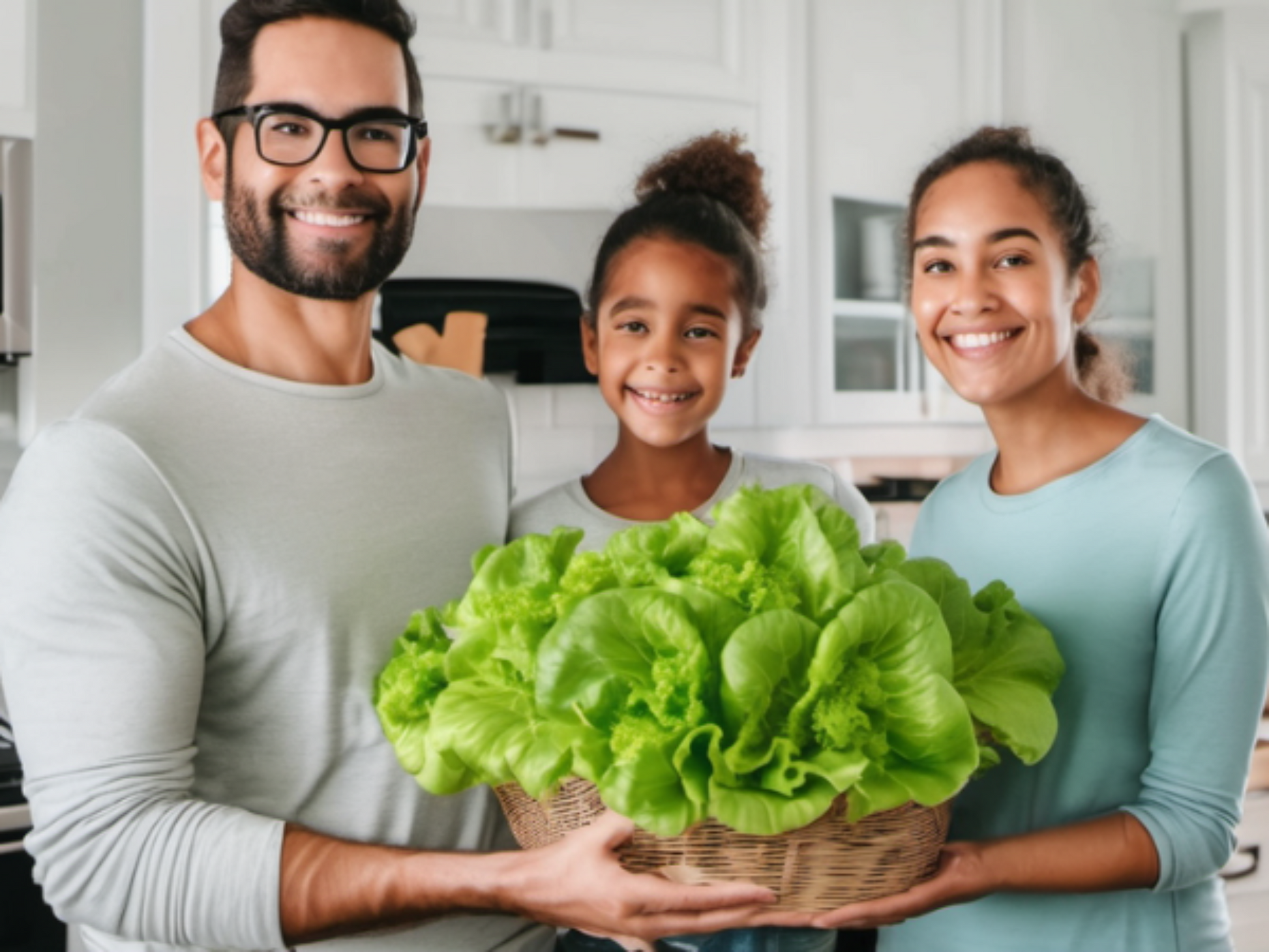 family happily holding a basket full of Black Seeded Simpson Leaf Lettuce in the Kitchen des enfants heureux récoltent de la laitue feuille Simpson à graines noires dans le jardin