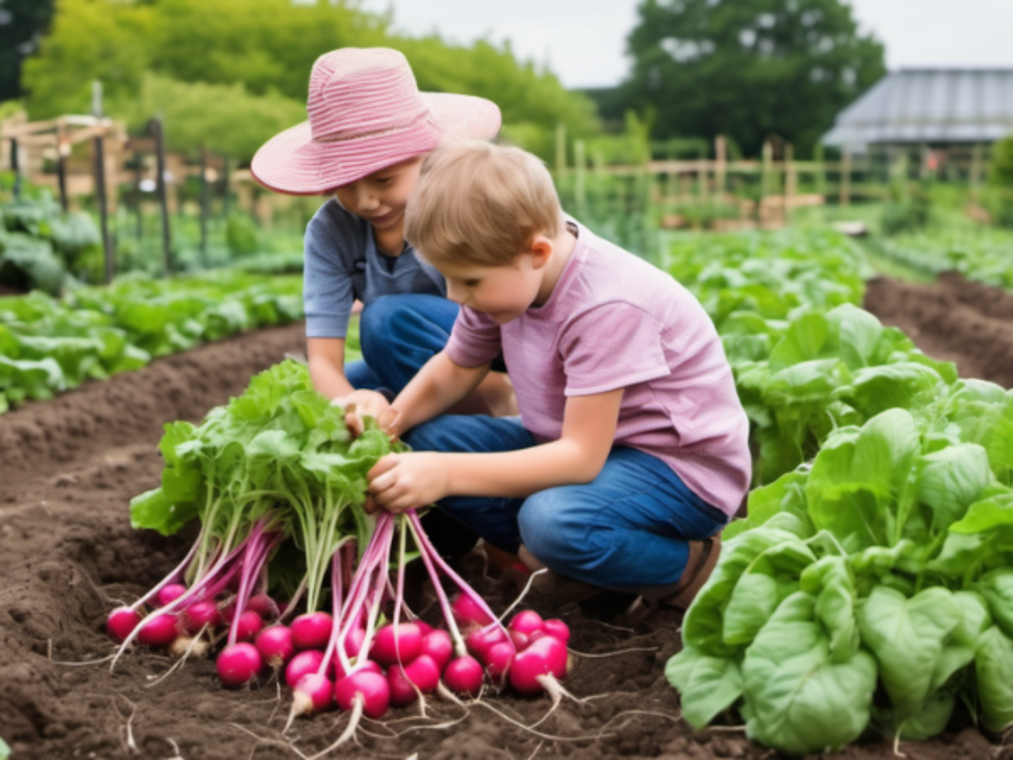 kids having fun harvesting Champion radish in vegetable garden les enfants s'amusent à récolter le radis Champion dans le potager