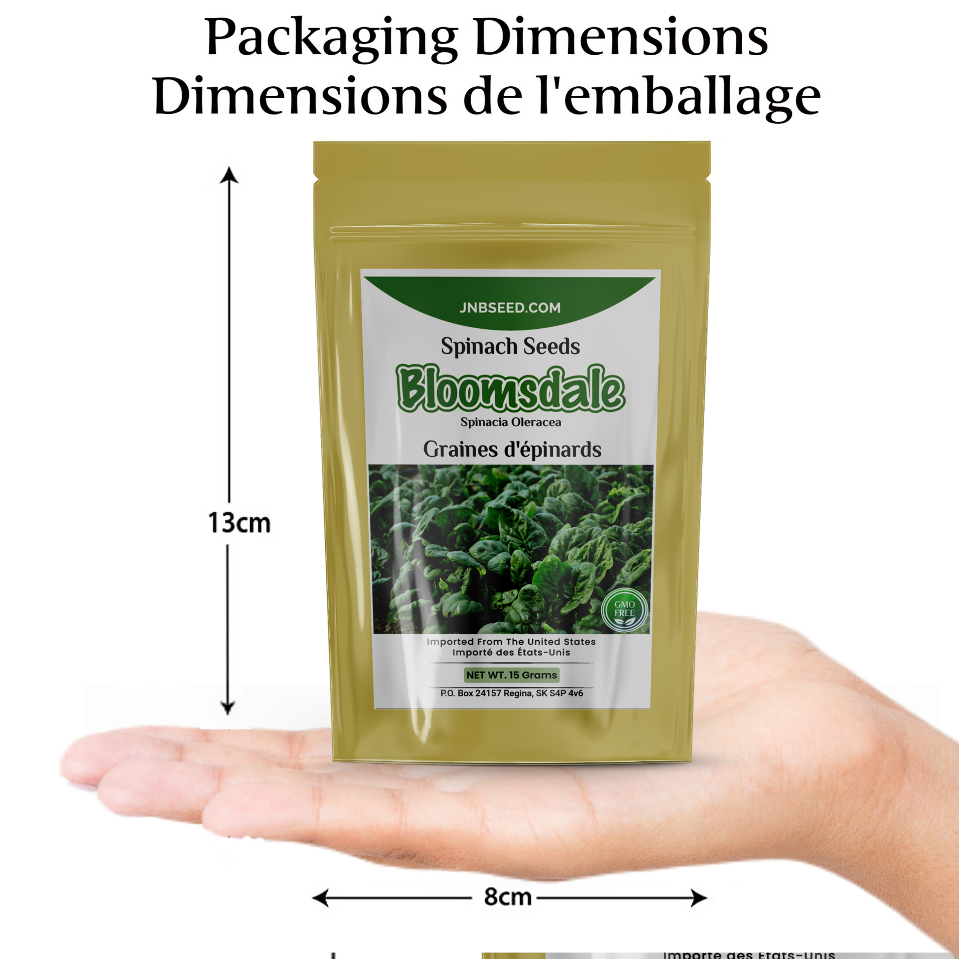 packaging dimensions of Bloomsdale Longstanding Spinach seeds pack Dimensions de l'emballage du paquet de graines d'épinards Bloomsdale Longstanding