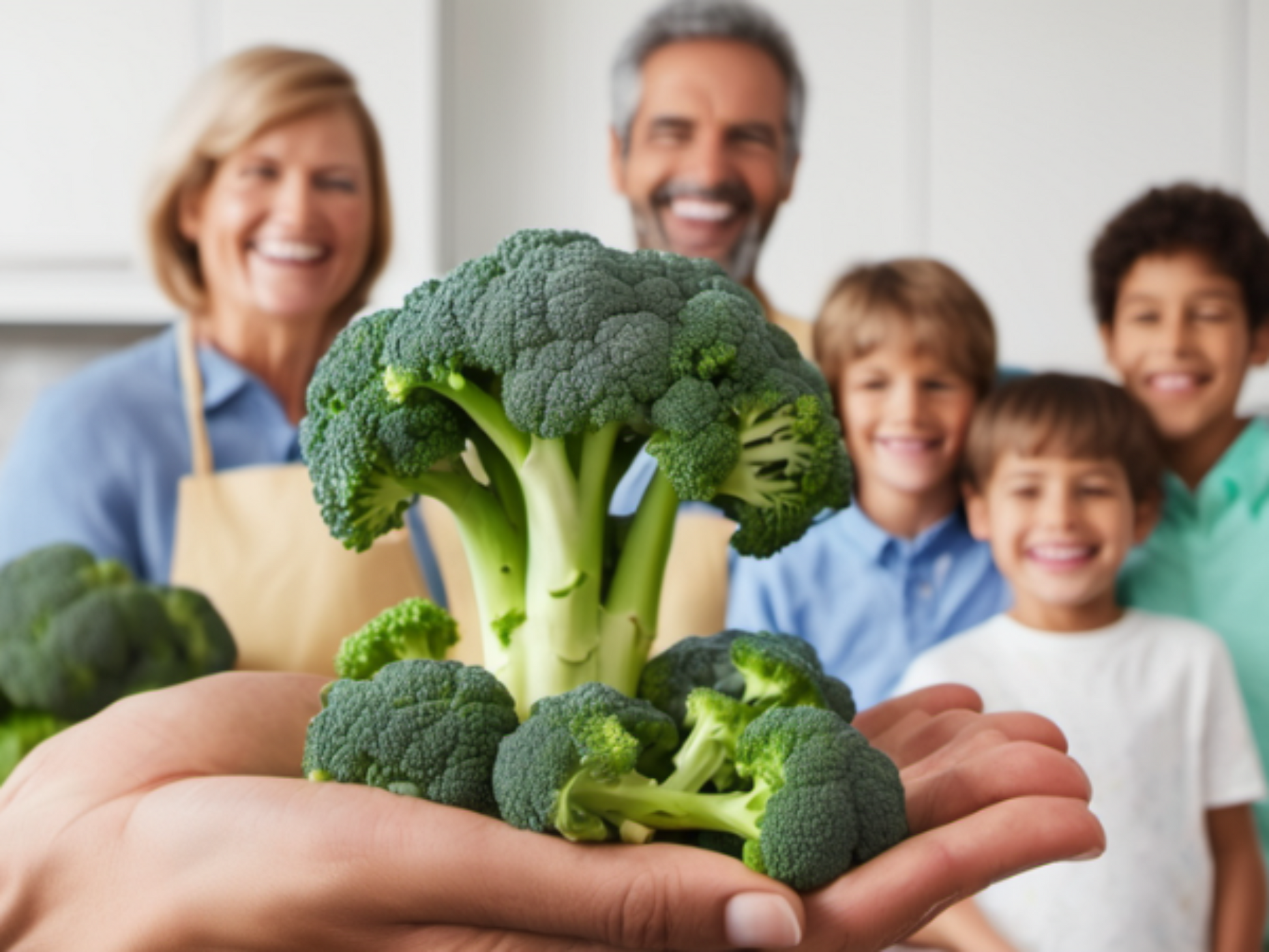family enjoying looking to harvested Calabrese Green Sprouting Broccoli Famille appréciant la recherche de brocolis verts Calabrese récoltés