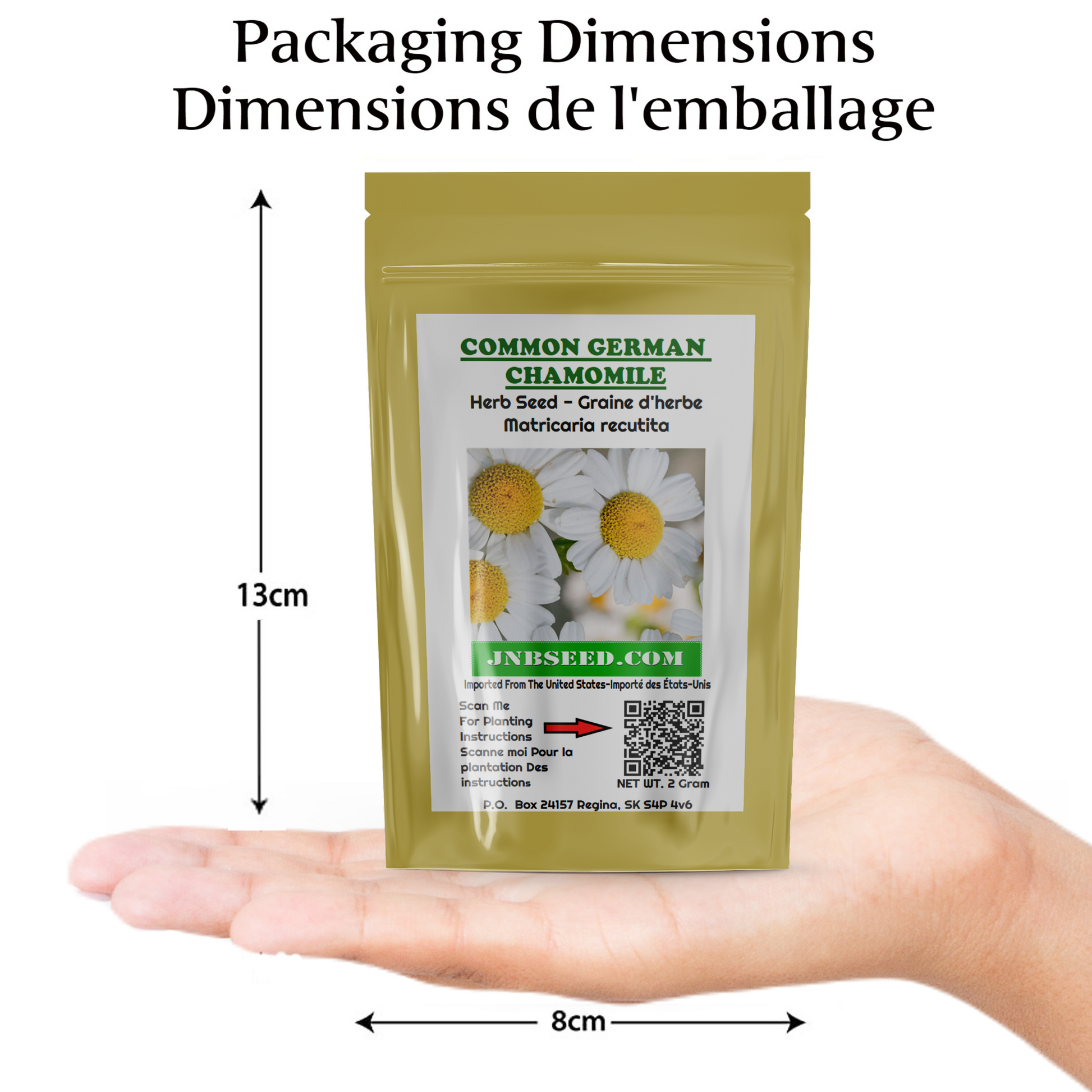 packaging dimensions of Chamomile German Herb Seeds pack Dimensions de l'emballage du paquet de graines d'herbes allemandes de camomille