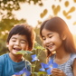 kids enjoying looking to Blue Star Morning Glory Flowers outside Les enfants apprécient de regarder les fleurs Blue Star Morning Glory à l'extérieur