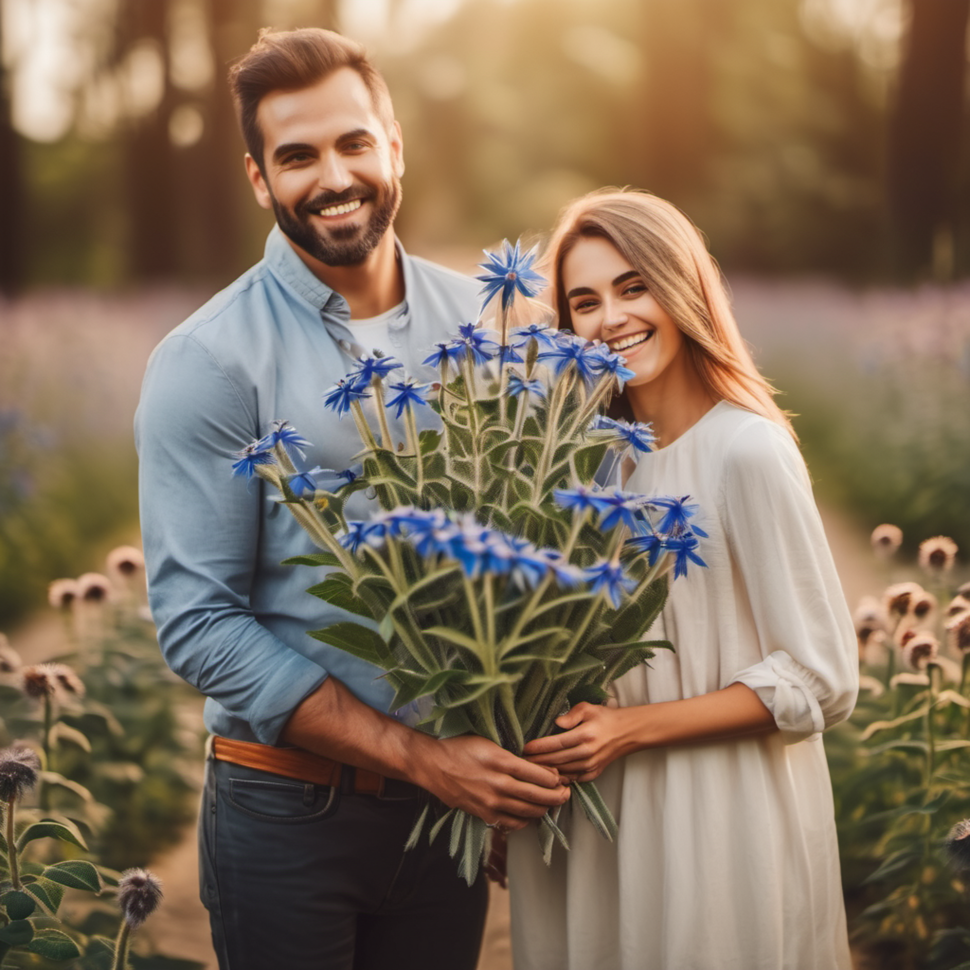 happy couple holding borage outside couple heureux tenant de la bourrache à l'extérieur