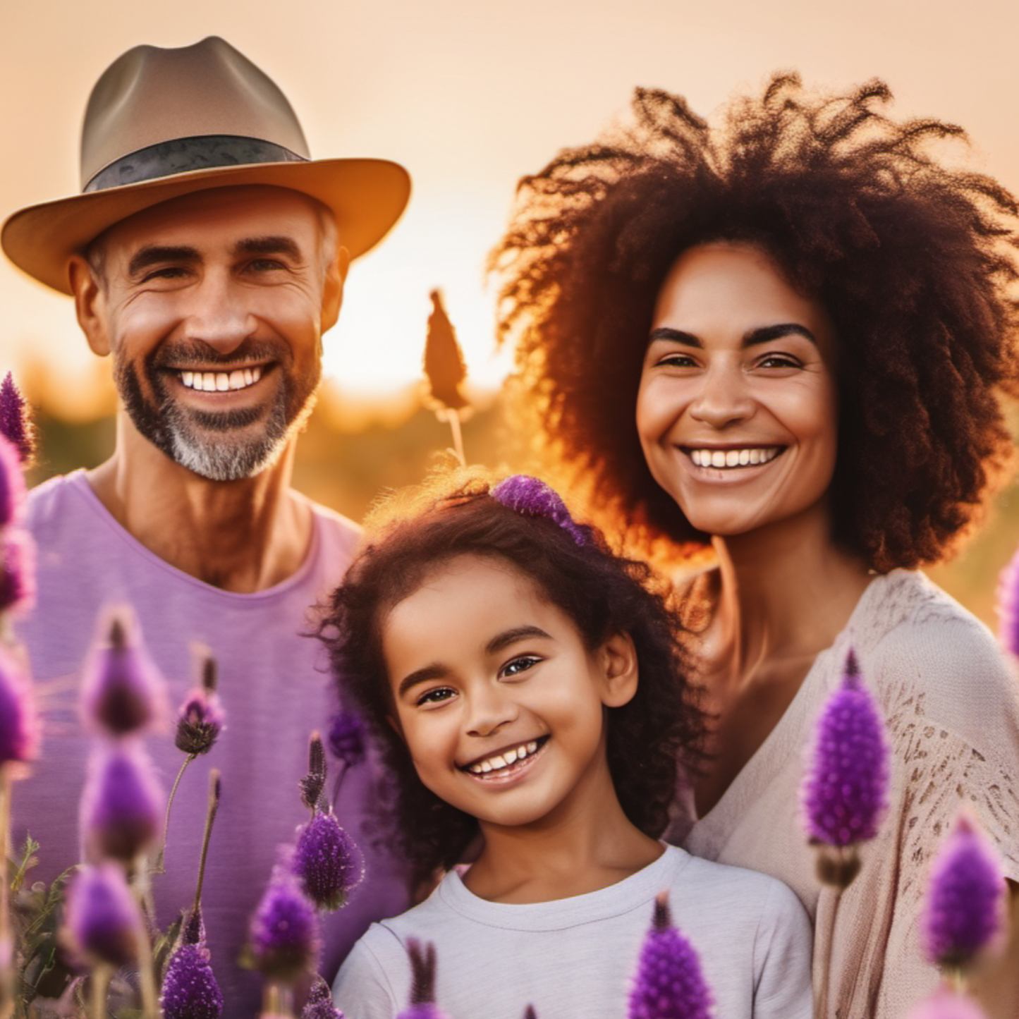 happy family in the garden of Purple Prairie Clover Flowers famille heureuse dans le jardin de fleurs de trèfle pourpre des prairies