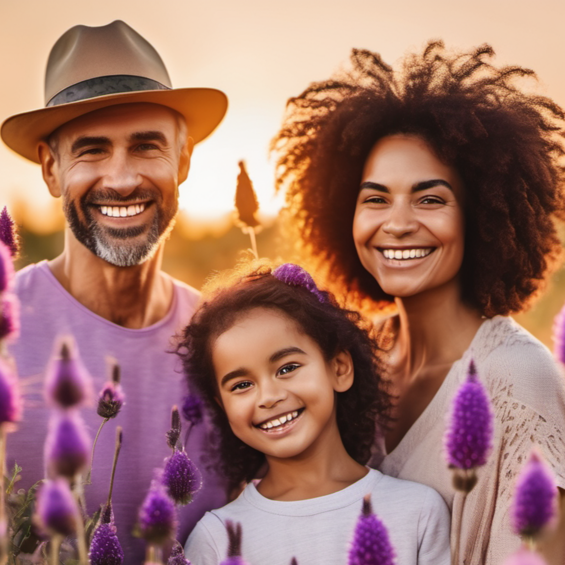 happy family in the garden of Purple Prairie Clover Flowers famille heureuse dans le jardin de fleurs de trèfle pourpre des prairies