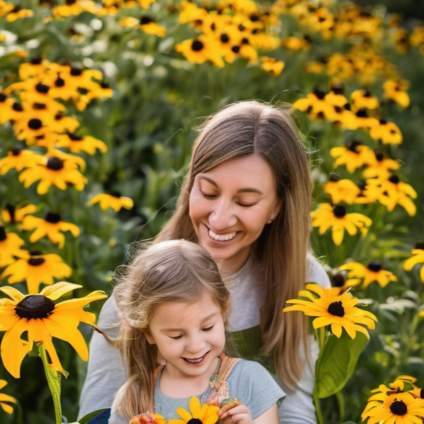 family enjoying harvesting Black-eyed Susan flowers outside famille appréciant la récolte des fleurs de Susan aux yeux noirs à l'extérieur