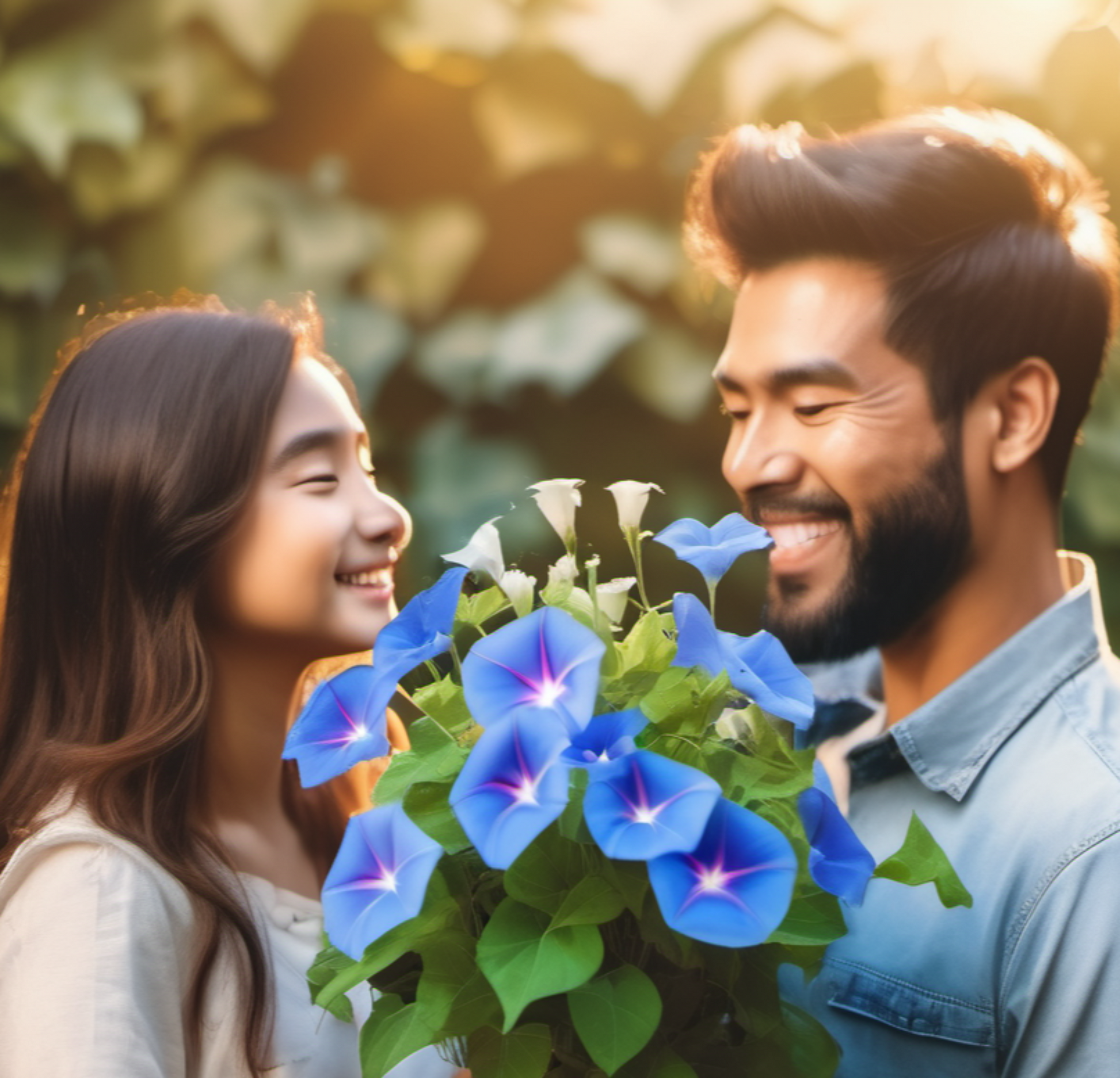 Two people enjoying the Breathtaking beauty of Blue Star Morning Glory Garden Flower Deux personnes appréciant la beauté à couper le souffle de la fleur du jardin Blue Star Morning Glory