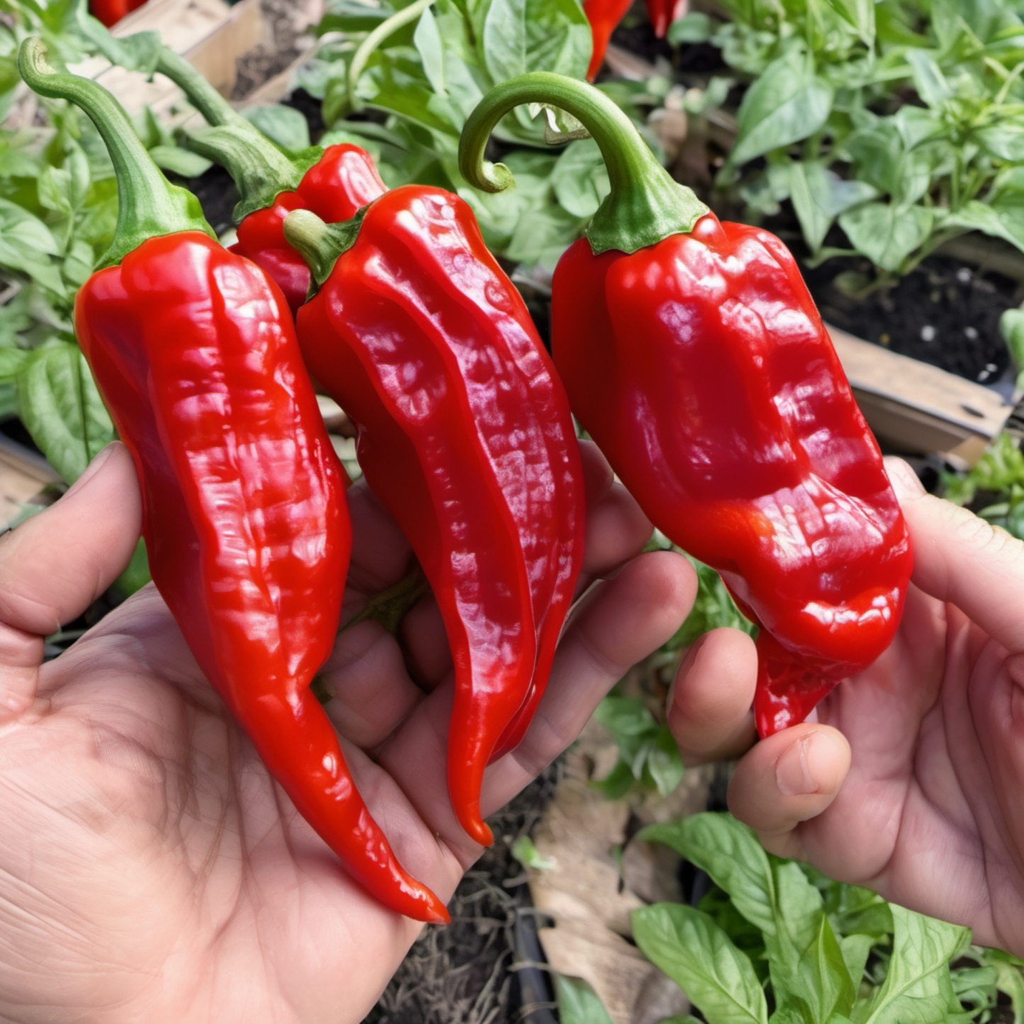 Hand holding Ghost Pepper seeds Main tenant des graines de poivre fantôme