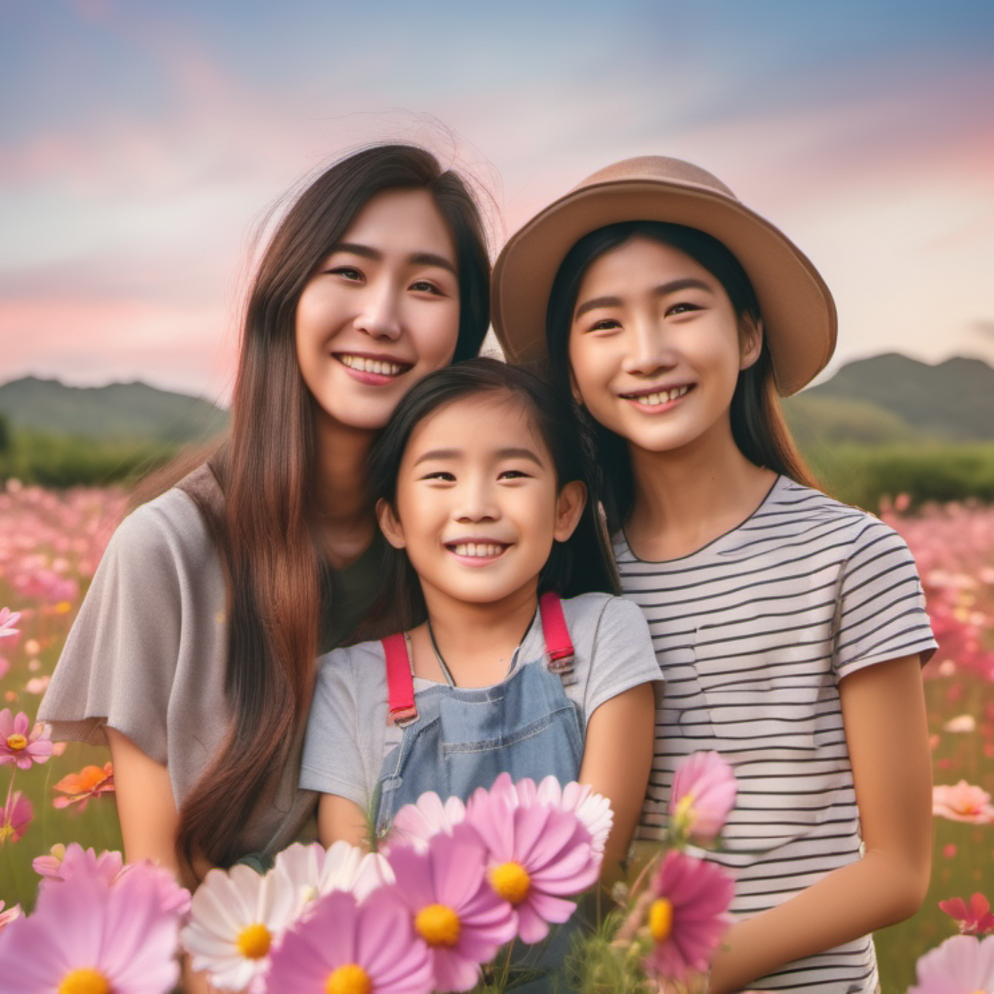 family happily enjoying the view of bunch of Candystripe Cosmos flowers famille profitant joyeusement de la vue sur un bouquet de fleurs Candystripe Cosmos