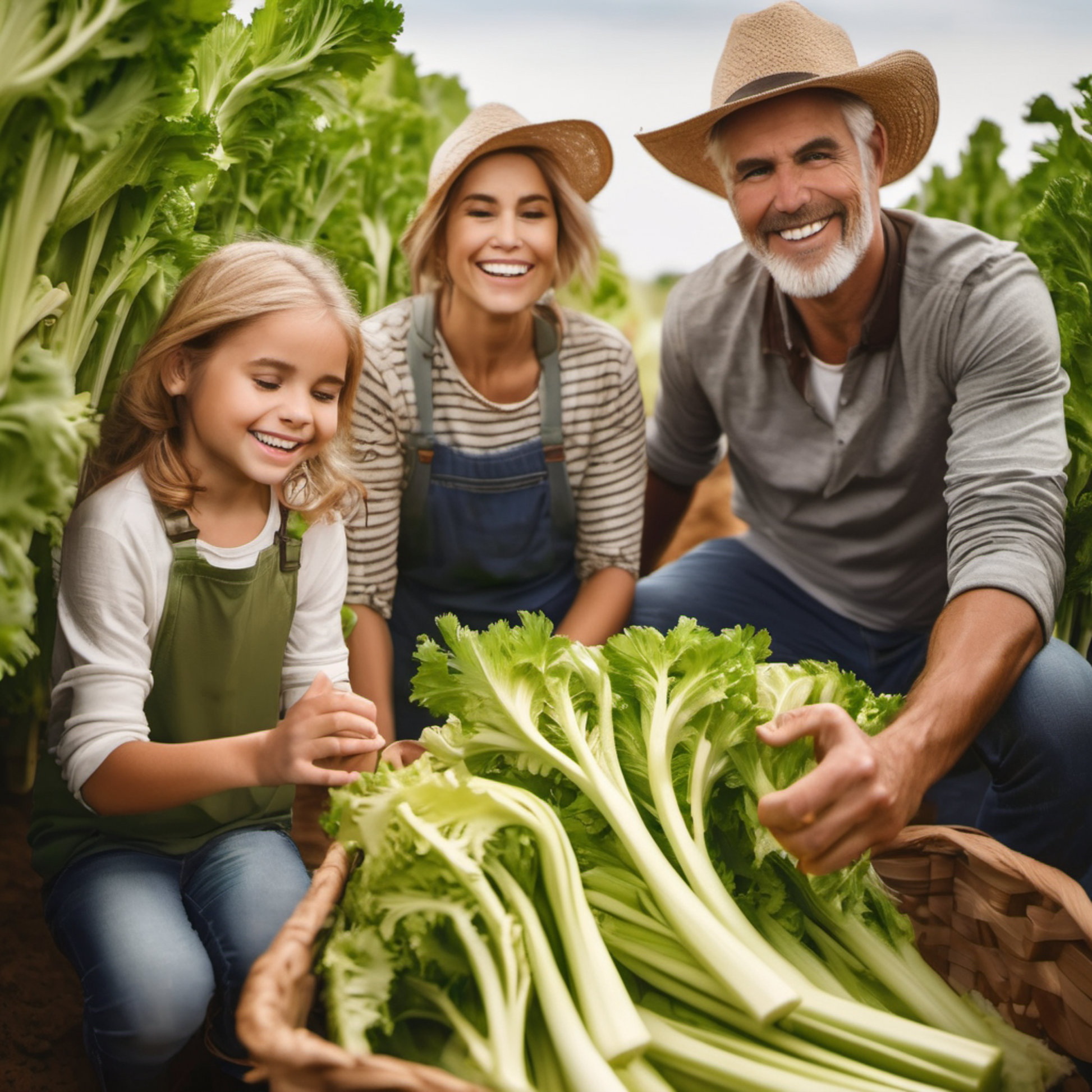 happy family Harvested Tall Utah Celery ready for culinary use famille heureuse récolté grand céleri de l'Utah prêt pour un usage culinaire