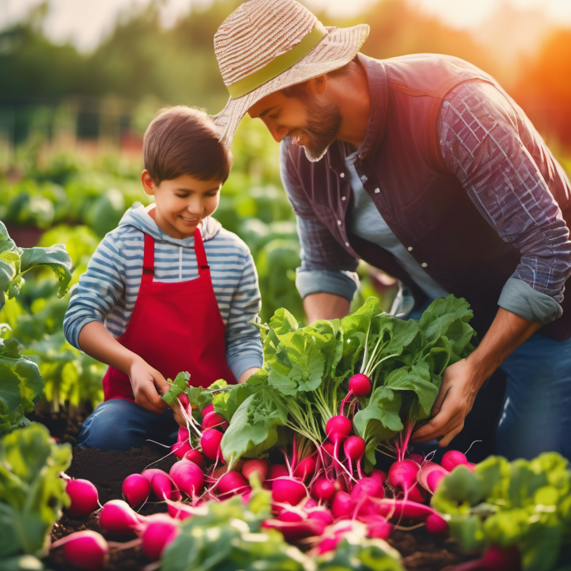 father and son happily harvesting purple plum radishes père et fils récoltant joyeusement des radis prunes violets