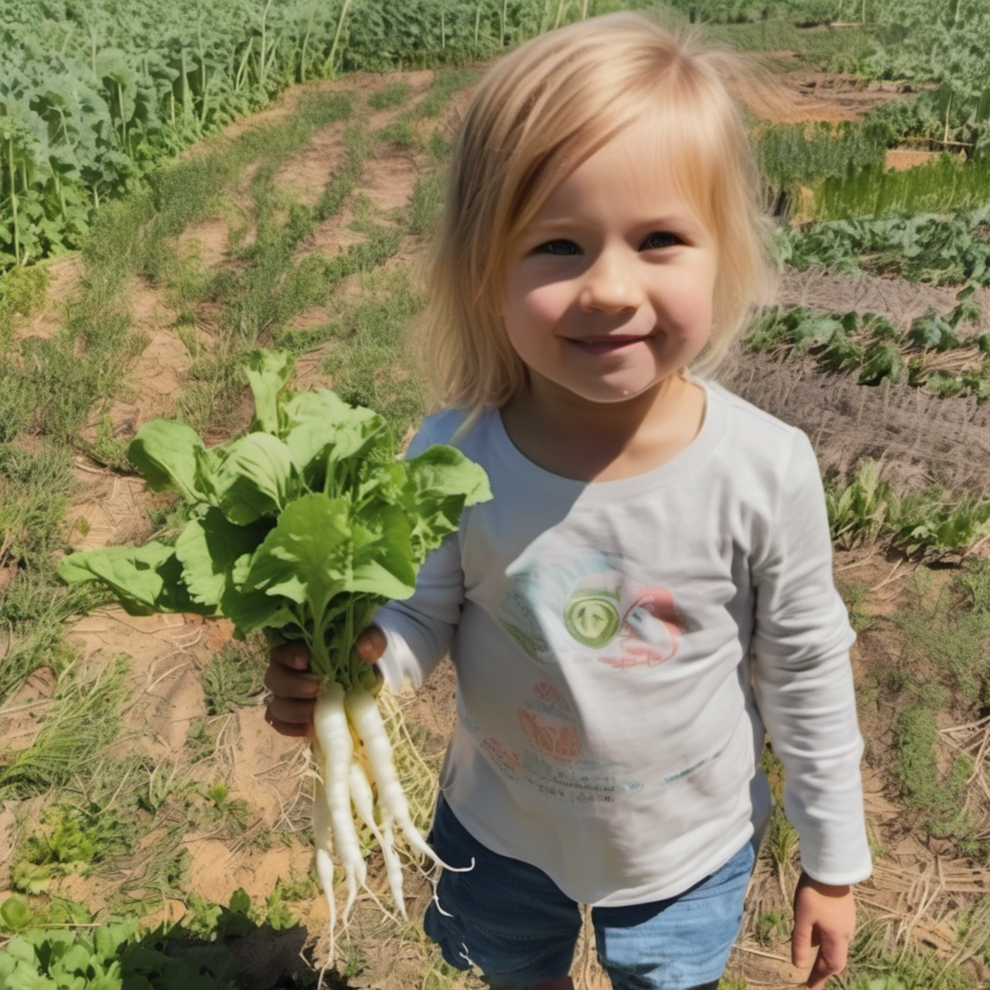 little girl holding young White Icicle Radishes petite fille tenant de jeunes radis glaçons blancs