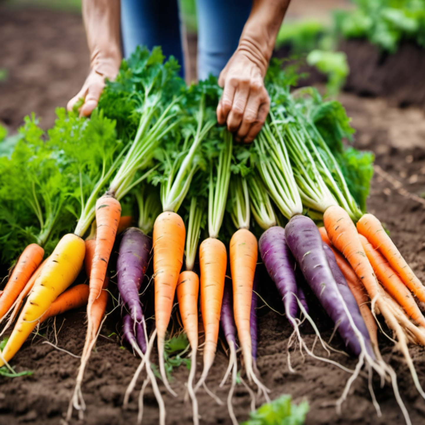 Freshly harvested Rainbow Mix Carrots with a variety of colors Carottes Rainbow Mix fraîchement récoltées avec une variété de couleurs