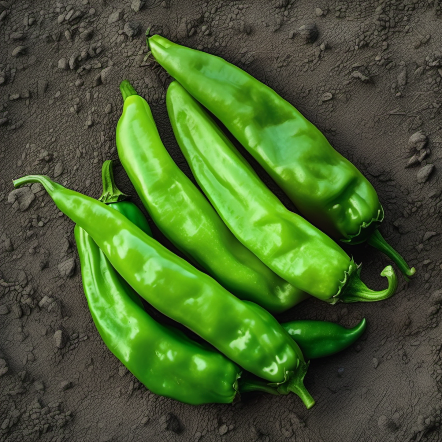 A bunch of freshly picked Big Jim peppers Un tas de piments de Big Jim fraîchement cueillis