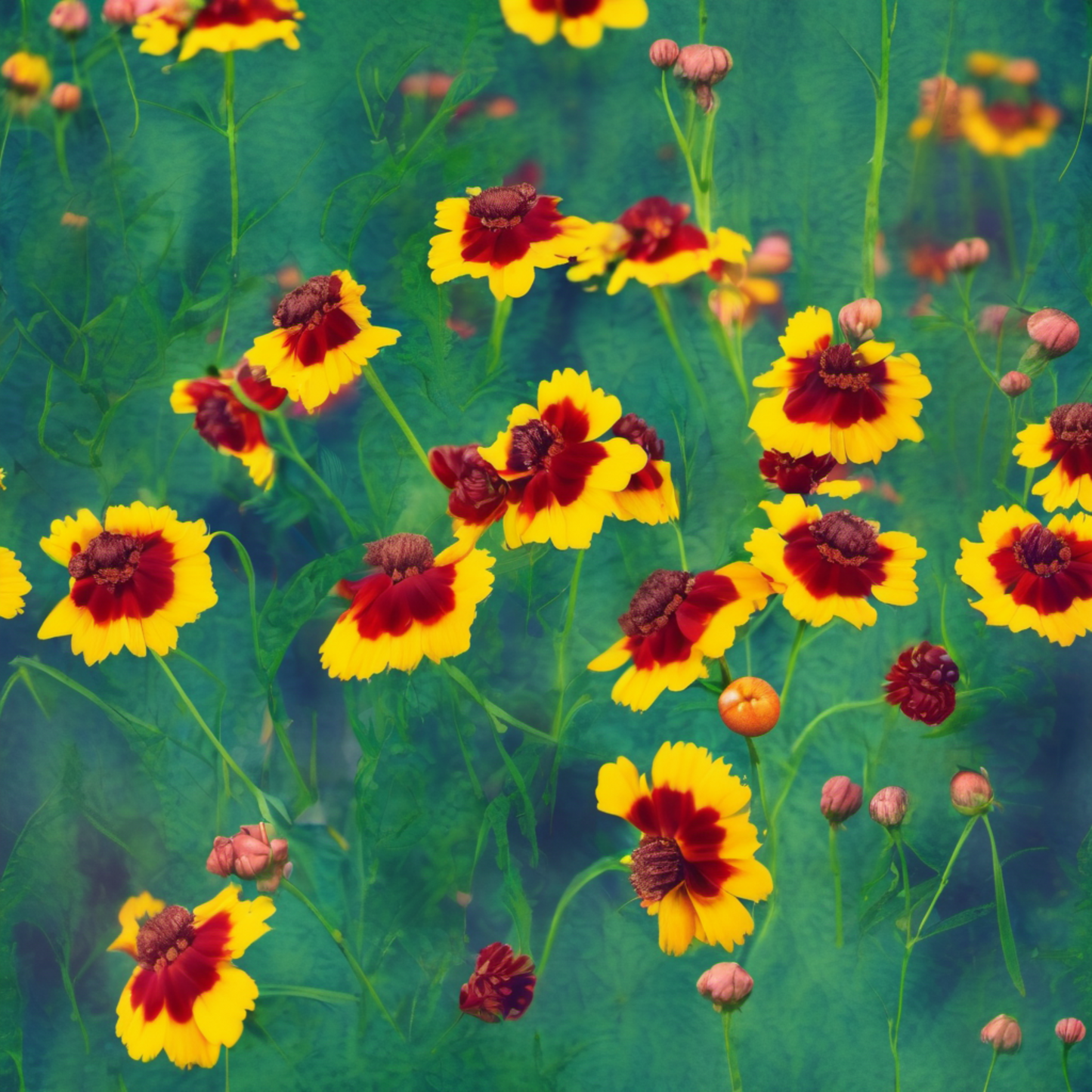 A field of vibrant Plains Coreopsis under a sunny sky Les fleurs de coréopsis des plaines se balançant dans la brise