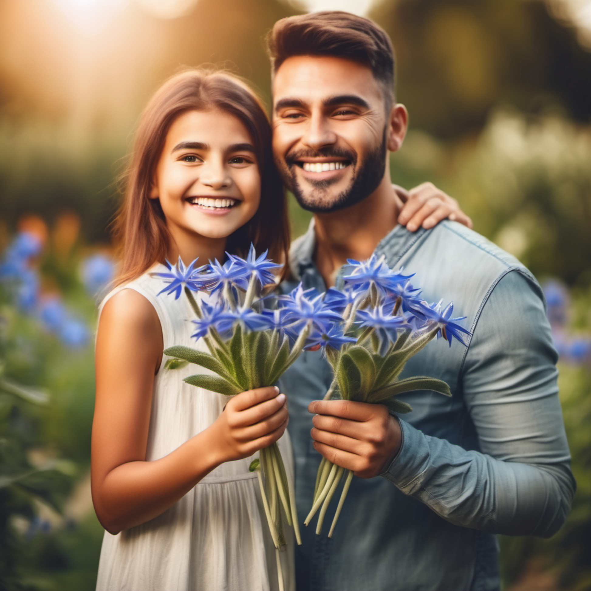 happy man and girl holding borage in the garden homme heureux et fille tenant de la bourrache dans le jardin