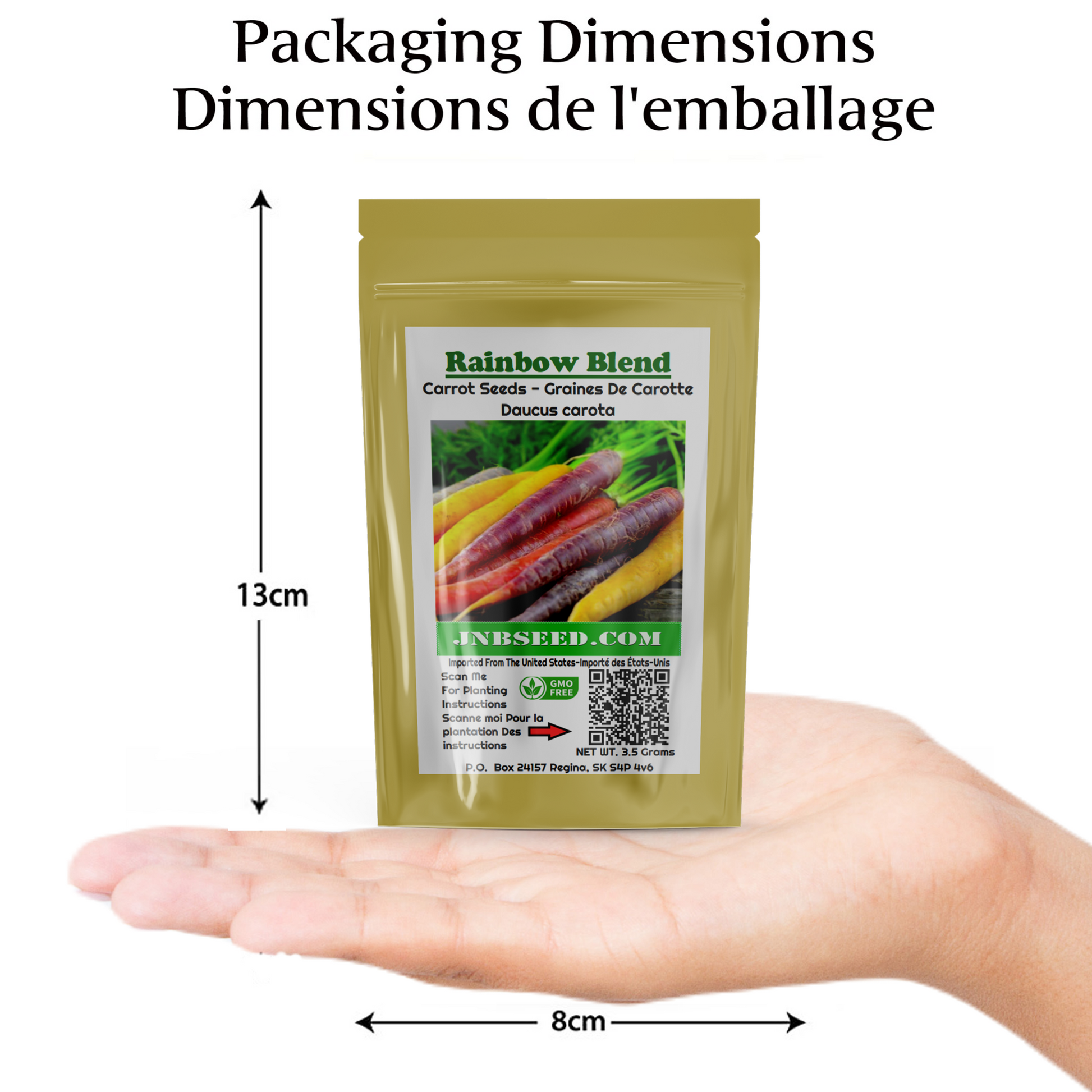 packaging dimensions Rainbow Blend Carrot seeds pack dimensions de l'emballage Pack de graines de carotte Rainbow Blend